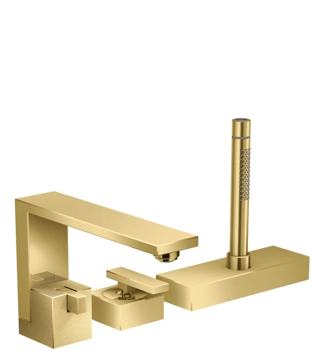 Goldfarbener Axor-Wannenrandmischer mit drei Komponenten, bestehend aus einem langen Auslauf, einem Hebel und einem feststehenden Teil. Klarer, minimalistischer Designansatz.